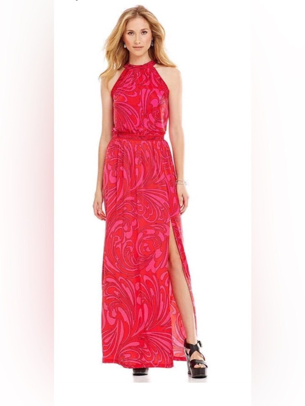 MICHAEL KORS MK Cynthia Women Paisley Halter Maxi Dress Radiant Pink Size S